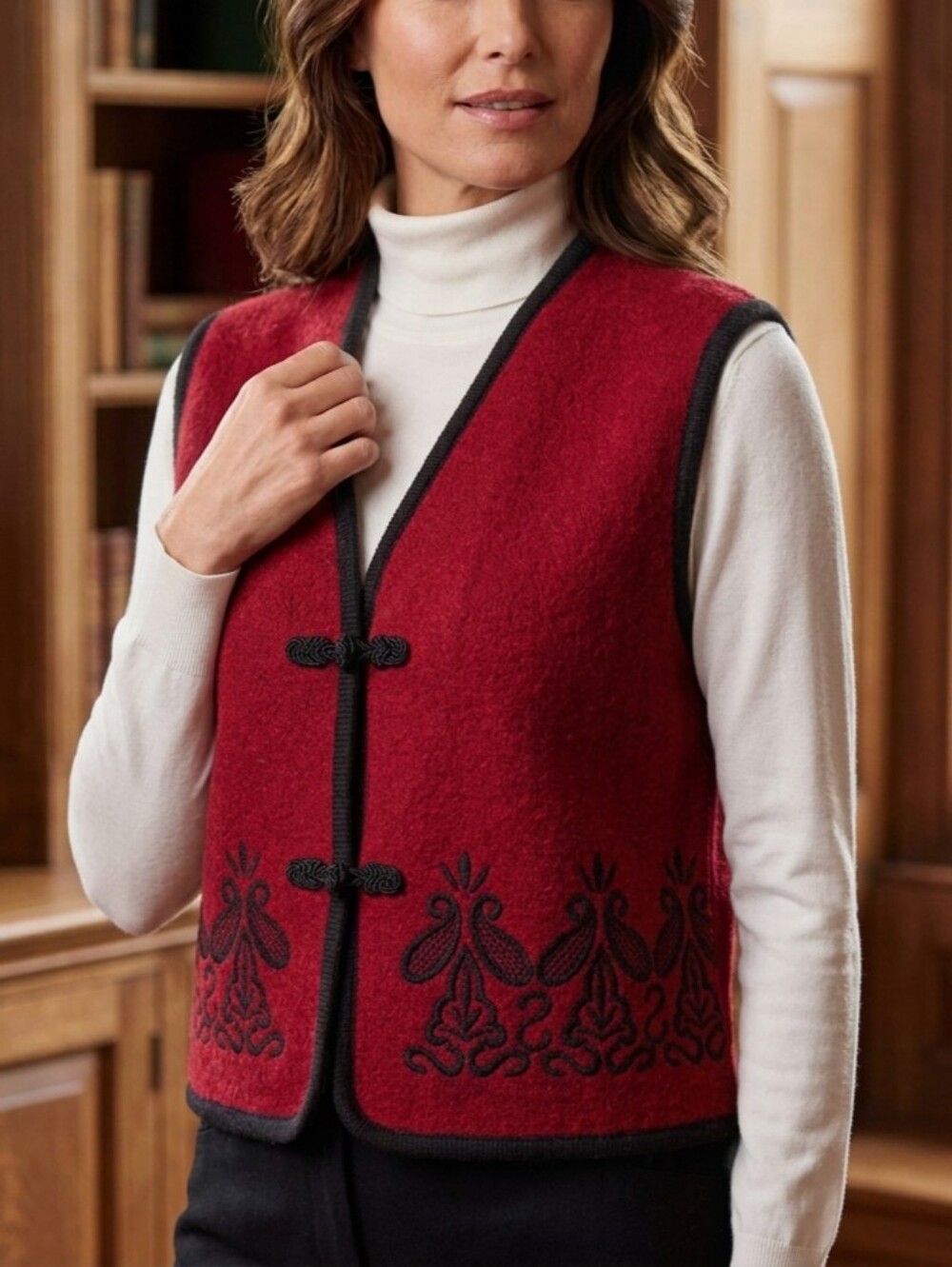 Vintage 80's Women's Red 100% Wool Black Trim Embroidered Knit Sweater Vest L